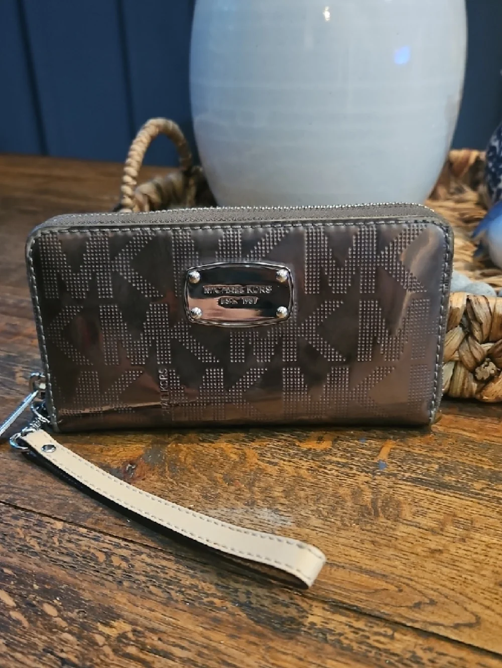 Michael Kors Metallic Bronze Logo Wristlet Wallet with Cream Strap‎